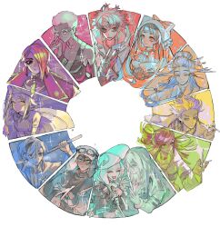  6+boys 6+girls amo_empool art_program_in_frame black_eyes black_hair blonde_hair blue_eyes color_wheel_challenge commentary_request dark-skinned_female dark_skin eishia_stilza enjin_(gachiakuta) flipped_hair folded_ponytail follo_tunito fukukoma gachiakuta goggles goggles_on_headwear gountess_knock gradient_hair grey_hair hat highres hyouka_nijiku looking_at_viewer multicolored_hair multiple_boys multiple_drawing_challenge multiple_girls orange_eyes orange_hair rainbow_order red_hair riyo_reaper rudo_surebrec semiu_grier short_hair sidelocks simple_background sparkle tamsy_caines too_lily ushanka white_background white_hair white_hat yellow_eyes zanka_nijiku 
