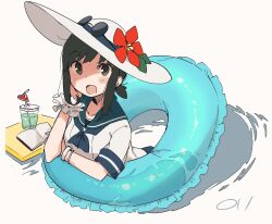  1girl black_hair blue_sailor_collar blush collarbone commentary_request drink drinking_straw fubuki_(kancolle) green_eyes hat highres innertube kantai_collection ma_rukan open_mouth ponytail sailor_collar school_uniform scrunchie serafuku short_hair short_ponytail short_sleeves signature smile solo swim_ring white_hat wrist_scrunchie 