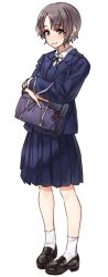  1girl bag bag_charm black_eyes black_shoes blazer blue_skirt charm_(object) closed_mouth collared_shirt crossed_arms dot_nose full_body grey_eyes grey_hair highres holding holding_bag idolmaster idolmaster_cinderella_girls jacket kakaobataa light_blush loafers long_sleeves looking_at_viewer neck_ribbon otokura_yuuki pigeon-toed pleated_skirt ribbon school_bag school_uniform shirt shoes short_hair simple_background skirt smile socks solo standing vest white_background white_shirt white_socks 