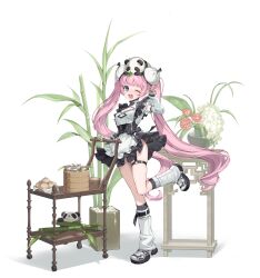  1girl absurdres apron bamboo bamboo_shoot bamboo_steamer black_dress black_shoes blue_eyes breasts cart chinese_clothes cleavage_cutout clothing_cutout commentary dress dumpling flower food frills full_body highres jiaozi kadomatsu leg_up leg_warmers long_hair looking_at_viewer maid mika_030 one_eye_closed open_mouth original panda pink_hair shoes smile socks solo standing standing_on_one_leg steamed_bun stuffed_animal stuffed_panda stuffed_toy thigh_strap twintails very_long_hair white_apron 