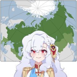  1girl aiguillette alpha_(alpha_1918) armband blue_sash buttons collar cross cross_pendant epaulettes findoworld fluffy fluffy_hair gloves gold_buttons gold_trim hair_between_eyes hair_ornament hairpin highres jacket lips long_hair looking_at_viewer map military military_uniform non-web_source official_art original red_eyes russia russian_empire sash sleeve_cuffs smile solo source_request sticker_(medium) transparent transparent_background upper_body very_long_hair white_gloves white_hair white_jacket 