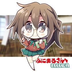  1girl akaneya blurry blurry_background blush_stickers bow bowtie brown_eyes brown_hair brown_shoes buttons chibi chibi_only closed_mouth commentary_request commissioner_name double-parted_bangs full_body glasses green_bow green_bowtie green_skirt hair_between_eyes holding holding_notebook holding_pencil jacket kneehighs layered_sleeves leg_up letterboxed long_hair long_sleeves looking_at_viewer miniskirt notebook outline outside_border pencil pleated_skirt red_jacket round_eyewear school_uniform second-party_source shoes skirt smile socks solo standing standing_on_one_leg twitter_username white_outline white_socks wiz_(game) wiz_(taito) 