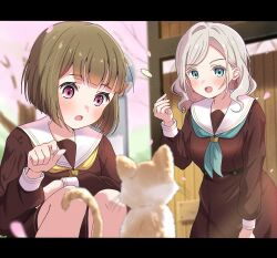  2girls :d alternate_hair_length_(shorter) aqua_neckerchief blue_eyes blush bob_cut breasts brown_dress cat cat_teaser ceras_yanagida_lilienfeld commentary dress falling_petals grey_hair hair_ribbon hasu_no_sora_school_uniform highres holding holding_cat_teaser inverted_bob kachimachi_kosuzu katanashi_(ktnsh_popu) large_breasts leaning_forward letterboxed link!_like!_love_live! long_sleeves looking_at_another love_live! multiple_girls neckerchief official_alternate_hairstyle open_mouth petals pink_eyes pink_petals pink_ribbon pleated_dress ribbon sailor_collar sailor_dress school_uniform short_hair smile squatting standing teeth untranslatable_commentary upper_teeth_only virtual_youtuber white_sailor_collar winter_uniform yellow_neckerchief 