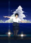  bad_id balancing black_hair closed_eyes cloud clouds eyes_closed flood_light floodlights horizon kneehighs open_mouth original outstretched_arms shiira shirt short_hair skirt sky solo spread_arms 