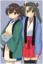  2girls :d alternate_costume apron black_thighhighs blue_background blue_hakama blush border brown_eyes brown_hair bucket bunny_ears_prank closed_mouth commentary_request cowboy_shot crossed_bangs green_eyes green_hair hair_between_eyes hair_ribbon hakama hakama_short_skirt hakama_skirt happi highres holding holding_bucket japanese_clothes kaga_(kancolle) kantai_collection kimono long_hair long_sleeves looking_at_viewer ma_rukan medium_hair multiple_girls red_hakama ribbon side_ponytail simple_background skirt smile standing teeth thigh-highs twintails white_border white_kimono white_ribbon white_thighhighs wide_sleeves zuikaku_(kancolle) 