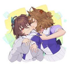  2girls absurdres agnes_tachyon_(umamusume) ahoge anger_vein animal_ears back_bow biting biting_cheek bow bowtie braid brown_hair clothes_grab collar_grab commentary earrings ears_down hair_between_eyes hair_ornament hairclip half_up_braid highres horse_ears horse_girl horseshoe_ornament jewelry jungle_pocket_(umamusume) lab_coat long_sleeves medium_hair multiple_girls murabt075 neckwear_grab notched_ear pleated_skirt puffy_short_sleeves puffy_sleeves purple_bow purple_bowtie purple_shirt red_eyes sailor_collar school_uniform shirt short_sleeves sidelocks single_earring skirt sleeves_past_wrists summer_uniform tracen_school_uniform twitter_username umamusume upper_body white_background white_sailor_collar white_shirt white_skirt wide_sleeves yellow_eyes 