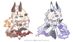  2girls :d absurdres ahoge alternate_costume ambience_synesthesia arknights armor black_gloves blonde_hair chibi clothes_lift copyright_name dragon_girl dragon_horns dragon_tail dress dress_lift fire flame-tipped_tail full_body gloves greaves hair_ornament hair_over_one_eye highres holding holding_sword holding_weapon horns isikishoku_akn long_hair looking_at_viewer multiple_girls necrass_(arknights) one_eye_covered outstretched_arm purple_fire reed_(arknights) siblings simple_background sisters smile sword tail very_long_hair weapon white_background white_dress 