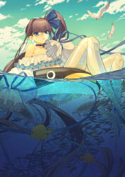  1girl absurdres ass bare_shoulders bikini bird blue_eyes blue_ribbon blue_sky blush breasts choker clouds collarbone day earrings fate/grand_order fate_(series) fish frilled_bikini frills hair_ribbon highres iamc95 innertube jewelry long_hair long_sleeves looking_at_viewer meltryllis_(fate) meltryllis_(swimsuit_lancer)_(fate) meltryllis_(swimsuit_lancer)_(third_ascension)_(fate) ocean off-shoulder_bikini off_shoulder one-piece_swimsuit outdoors parted_lips partially_underwater_shot penguin purple_hair ribbon side_ponytail sitting sky sleeves_past_fingers sleeves_past_wrists small_breasts solo swim_ring swimsuit thighs tropical_fish very_long_hair water white_bikini 