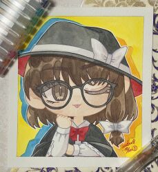  1girl absurdres artist_name asymmetrical_sidelocks bespectacled black-framed_eyewear black_capelet black_hat bow bowtie brown_eyes capelet collared_shirt commentary_request dated fedora glasses glitter hair_bow hand_on_own_chin hat hat_bow highres hmr_rk long_sleeves medium_hair one_eye_closed photo_(medium) red_bow red_bowtie shirt sidelocks tongue tongue_out touhou traditional_media upper_body usami_renko white_bow yellow_background 