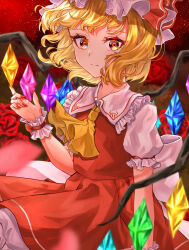  1girl absurdres artist_name ascot back_bow blonde_hair blurry blurry_background bow closed_mouth collared_shirt commentary_request crystal dress fingernails flandre_scarlet flower frills gagaku_kawa_rei grey_bow grey_hat grey_shirt hand_up hat hat_ribbon highres jewelry leaf long_fingernails looking_at_viewer mob_cap multicolored_wings nail_polish night one_side_up petals puffy_short_sleeves puffy_sleeves red_dress red_eyes red_flower red_nails red_ribbon red_rose red_sky ribbon rose shirt short_hair short_sleeves sky solo standing star_(sky) starry_sky touhou wings wrist_cuffs yellow_ascot 