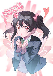  1girl :o absurdres arrow_(symbol) black_jacket blush bow bowtie clenched_hands commentary_request cropped_torso green_bow green_bowtie grey_sweater hair_bow heart highres inazuma_(elect_line) jacket long_sleeves looking_at_viewer love_live! love_live!_school_idol_project open_clothes open_jacket open_mouth otonokizaka_school_uniform pink_background pink_bow red_eyes school_uniform solo sweater upper_body winter_uniform yazawa_nico 