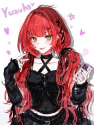  1girl absurdres alternate_costume arm_warmers black_arm_warmers black_shirt black_skirt breasts cellphone character_name commentary_request criss-cross_halter cross cross_necklace green_eyes halterneck highres holding holding_phone jewelry long_hair looking_at_viewer medium_breasts midriff_peek mirimiri21 necklace phone pleated_skirt red_hair shirt simple_background skirt smartphone solo tongue tongue_out twintails ukinami_yuzuha upper_body white_background zenless_zone_zero 