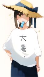  1girl alternate_costume anchor_symbol blue_ribbon blue_skirt brown_hair commentary_request cowboy_shot food food_in_mouth fubuki_(kancolle) green_eyes hair_tie_on_wrist hand_on_own_hip hat hat_ribbon highres kantai_collection light_blush looking_at_viewer low_ponytail ma_rukan medium_hair pleated_skirt ponytail popsicle popsicle_in_mouth print_shirt ribbon shirt sidelocks simple_background skirt solo sparkle straw_hat sweat translation_request white_background 