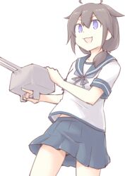  1girl :3 :d ahoge akara_kai blue_eyes blue_neckerchief blue_sailor_collar blue_skirt brown_hair collarbone commentary_request cosplay cowboy_shot double-parted_bangs fubuki_(kancolle) fubuki_(kancolle)_(cosplay) grey_panties hair_between_eyes hair_flaps hair_over_shoulder highres holding holding_turret kantai_collection looking_ahead low_ponytail medium_hair miniskirt neckerchief panties pantyshot pleated_skirt ponytail sailor_collar shigure_(kancolle) ship_turret shirt short_sleeves sidelocks simple_background skirt smile solo underwear white_background white_shirt 