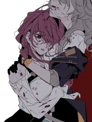  2girls black_eyes black_gloves black_jacket blood blood_from_mouth blood_on_face clothing_cutout commentary d0600059994959 earrings gloves grey_hair highres honkai:_star_rail honkai_(series) jacket jewelry kafka_(honkai:_star_rail) multiple_girls purple_hair red_pupils shirt shoulder_cutout stelle_(honkai:_star_rail) trailblazer_(honkai:_star_rail) white_shirt 