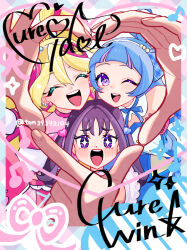  +_+ 3girls ahoge aokaze_nana beamed_sixteenth_notes blonde_hair blue_dress blue_hair blue_ribbon bright_pupils brooch character_name commentary cure_idol cure_wink detached_collar detached_sleeves dress earrings facing_viewer hair_bun hair_ornament hairband heart heart_brooch heart_hair_bun heart_hair_ornament heart_hair_strand heart_hands heart_hands_trio highres jewelry kimi_to_idol_precure leaning_forward long_hair looking_at_viewer magical_girl midriff multicolored_hair multiple_girls musical_note neck_ribbon open_mouth pink_hair pink_shirt pink_skirt precure puffy_detached_sleeves puffy_sleeves purikura purple_hair ribbon sakura_uta_(precure) shigure_kokoro shirt signature skirt sleeveless sleeveless_shirt smile streaked_hair ton_(ton39342104) twintails twitter_username violet_eyes white_hairband white_pupils 