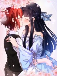  2girls absurdres arms_around_another's_waist bare_shoulders black_hair black_vest blue_dress blush cherry_blossoms closed_eyes commentary_request dress facing_another hands_on_another's_shoulders highres idolmaster idolmaster_million_live! julia_(idolmaster) kiss long_hair mogami_shizuka multiple_girls red_hair seine_(hanamukes) shirt short_hair standing vest white_shirt yuri 
