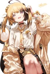  1girl absurdres ahoge alternate_costume black_choker black_skirt blonde_hair brown_hair choker collared_shirt gigi_murin grem_(gigi_murin) highres hololive hololive_english looking_at_viewer mazo_kunn multicolored_hair necktie pencil pink_eyes sharp_teeth shirt shirt_tucked_in simple_background skirt tail teeth twintails two-tone_hair virtual_youtuber white_background white_shirt yellow_necktie 