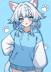  1girl alternate_costume animal_ears blue_background blue_eyes blue_hoodie blush bokutaaaa cat_ears cat_girl cat_tail cerydra_(honkai:_star_rail) commentary_request cowboy_shot diamond-shaped_pupils diamond_(shape) drawstring hair_flaps hair_intakes hand_on_own_hip highres honkai:_star_rail honkai_(series) hood hood_down hoodie kemonomimi_mode looking_at_viewer medium_hair open_mouth sidelocks simple_background solo symbol-shaped_pupils tail 