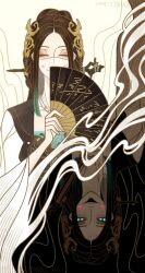  1girl absurdres black_background black_hair chinese_clothes commentary_request dual_persona facial_mark forehead hair_ornament hand_fan highres holding holding_fan huadian jewelry korean_commentary looking_at_viewer mbcc_bori parted_bangs path_to_nowhere simple_background tongue tongue_out upper_body yugu_(path_to_nowhere) 