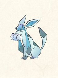  animal_focus blue_eyes blue_fur bright_pupils bug carrying commentary_request full_body glaceon highres metikyun no_humans pokemon pokemon_(creature) pokemon_focus simple_background sitting snom two-tone_fur white_pupils yellow_background 