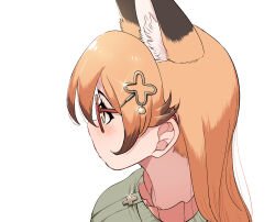  1girl animal_ears blush breasts brown_hair extra_ears ezo_red_fox_(kemono_friends) fox_ears fox_girl glasses hair_ornament hairpin highres jewelry kemono_friends large_breasts long_hair mcgunngu necklace shirt simple_background solo straight_hair sweater upper_body white_background yellow_eyes 