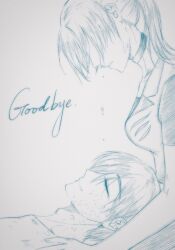  1boy 1girl adam's_apple akarinaakari character_request choker closed_mouth copyright_request dated_commentary english_text from_side highres monochrome no_eyes parted_lips ponytail short_hair 