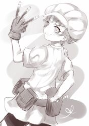  1girl belt belt_pouch between_fingers bike_shorts closed_mouth commentary_request cowboy_shot dress dutch_angle from_behind gloves grey_background greyscale hat holding holding_test_tube light_blush looking_at_viewer monochrome newsboy_cap partial_commentary pouch shin_(highest1192) short_dress short_hair short_sleeves smile solo test_tube toaru_majutsu_no_index v-shaped_eyebrows white_background yakumaru_itsuki 