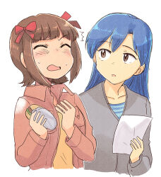  2girls amami_haruka blue_hair brown_eyes brown_hair closed_eyes collared_jacket commentary_request cropped_torso food grey_shirt holding holding_food holding_paper idolmaster idolmaster_(classic) jacket kisaragi_chihaya long_hair long_sleeves looking_at_another multiple_girls open_clothes open_jacket paper red_jacket sandwich shirt short_hair side-by-side simple_background tsubobot white_background 