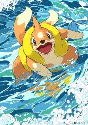  aomon_(yuuji7604) arm_fins blue_eyes commentary fangs floatzel full_body highres multiple_tails no_humans open_mouth orange_fur pokemon pokemon_(creature) pokemon_diamond/pearl/platinum pokemon_focus reflection reflective_liquid standing tail water waves 