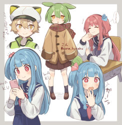  1boy 3girls black_sailor_collar black_socks blue_dress blue_hair blue_ribbon blue_sailor_collar blunt_bangs bright_pupils brown_coat brown_shoes brown_skirt chair coat commentary_request corn_kuten cropped_shoulders desk double-parted_bangs dress green_hair hair_between_eyes hair_intakes hair_ribbon highres kotonoha_akane kotonoha_aoi loafers long_hair long_sleeves multiple_girls neckerchief oliver_(vocaloid) one_side_up pinafore_dress pink_hair pink_ribbon plaid_clothes plaid_scarf pleated_skirt purple_neckerchief red_scarf ribbon sailor_collar scarf school_chair school_desk school_uniform serafuku shirt shoes short_hair sitting skirt sleeveless sleeveless_dress sleeves_past_wrists socks speech_bubble thought_bubble translation_request vocaloid voiceroid voicevox white_pupils white_shirt winter_clothes yellow_eyes zundamon 