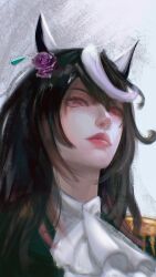  absurdres animal_ears black_hair close-up commentary earrings english_commentary eyeliner flower from_below green_eyes hair_between_eyes hair_flower hair_ornament highres horse_ears horse_girl jewelry lips long_hair looking_at_viewer looking_down makeup monolupin multicolored_hair pink_eyes shirt simple_background streaked_hair symboli_rudolf_(emperor's_path)_(umamusume) symboli_rudolf_(umamusume) umamusume white_shirt white_streaks 