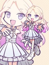  1girl blonde_hair chibi commentary_request detached_sleeves dot_nose dotted_background dress full_body gakuen_idolmaster gradient_hair highres idolmaster juo_sena long_hair long_sleeves looking_at_viewer maharagi_375p multicolored_hair neck_ribbon open_mouth outstretched_arm parody pink_hair puyopuyo ribbon shoes sleeveless sleeveless_dress smile solo standing standing_on_one_leg style_parody thick_outlines tiny_ambition_(idolmaster) violet_eyes white_dress yellow_background yellow_ribbon zoom_layer 