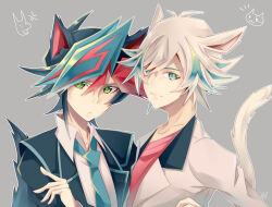  2boys akisaki animal_ears annoyed antenna_hair blazer blue_coat blue_eyes blue_hair blue_necktie cat_boy cat_ears cat_tail coat colored_bangs crossed_arms dress_shirt facing_another fujiki_yusaku green_eyes grey_background jacket kogami_ryoken light_smile looking_to_the_side loose_necktie male_focus multiple_boys necktie open_clothes open_coat pink_shirt shirt spiky_hair tail upper_body white_coat white_hair white_shirt wolf_boy wolf_ears wolf_tail yu-gi-oh! yu-gi-oh!_vrains 