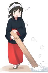  1girl absurdres black_hair black_kimono blush commentary_request eighth_note fubuki_(kancolle) full_body geta green_eyes highres holding japanese_clothes kantai_collection kimono long_sleeves ma_rukan motion_lines musical_note obi onsen open_mouth ponytail sash short_hair short_ponytail signature simple_background smile socks solo tabi white_background white_socks wide_sleeves 