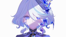  1girl absurdres black_hat blue_eyes blue_shirt closed_mouth commentary crying crying_with_eyes_open fuminshou_(nekopan_art) furina_(genshin_impact) genshin_impact hat highres looking_at_viewer medium_hair mini_hat mini_top_hat portrait shirt sidelocks simple_background solo tears top_hat untranslatable_commentary upper_body white_background white_hair 