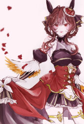  1girl animal_ears brown_hair commentary cowboy_shot flower gentildonna_(regina_dei_fiori)_(umamusume) gentildonna_(umamusume) gloves highres horse_ears horse_girl light_smile looking_at_viewer nanashino_(tyut5448) red_eyes ribbon see-through_cleavage see-through_clothes simple_background solo standing thigh-highs two-sided_fabric umamusume white_background white_flower white_gloves white_thighhighs zettai_ryouiki 