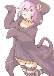  1girl akara_kai alternate_costume animal_hood black_dress black_hood breasts cat_hood choker dress feet_out_of_frame frilled_choker frilled_dress frills hair_between_eyes halloween_costume highres hood kantai_collection long_sleeves looking_at_viewer open_mouth pink_hair red_eyes short_hair simple_background sleeves_past_wrists solo striped_clothes striped_thighhighs tama_(kancolle) thigh-highs white_background 
