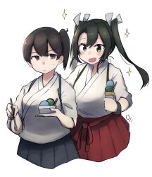  2girls blue_hakama brown_eyes brown_hair food green_eyes green_hair hair_between_eyes hair_ribbon hakama hakama_short_skirt hakama_skirt highres holding holding_food ice_cream japanese_clothes kaga_(kancolle) kantai_collection long_hair ma_rukan multiple_girls open_mouth red_hakama ribbon side_ponytail signature simple_background skirt smile sparkle tasuki twintails white_background white_ribbon zuikaku_(kancolle) zuikaku_kai_ni_(kancolle) 