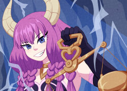 1girl absurdres allysafantasy aura_(sousou_no_frieren) balance_scale bare_shoulders black_gloves blue_background blue_eyes braid breasts commentary demon_girl demon_horns elbow_gloves english_commentary gloves highres holding_scale horns long_hair medium_breasts navel open_mouth purple_hair smile smirk solo sousou_no_frieren weighing_scale 