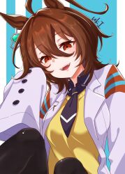  1girl agnes_tachyon_(tach-nology)_(umamusume) agnes_tachyon_(umamusume) ahoge animal_ears black_necktie black_pantyhose blush breasts brown_hair chemical_structure coat commentary_request earrings hair_between_eyes highres horse_ears horse_girl jewelry lab_coat long_sleeves medium_hair necktie neru_ika open_mouth pantyhose red_eyes shirt short_necktie single_earring sleeves_past_fingers sleeves_past_wrists smile solo sweater teeth umamusume upper_teeth_only white_coat wolf_cut yellow_sweater 