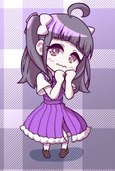  absurdres ahoge brown_shoes chofu_noriko commentary_request dress highres ikizulive!_love_live!_bluebird loafers love_live! purple_dress purple_hair ribbon shirt shoes short_twintails shy sivematsu socks twintails violet_eyes white_shirt white_socks 
