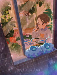  1girl book braid braided_sidelock brick_wall brown_eyes brown_hair chest_of_drawers closed_mouth collared_shirt commentary_request desk dot_nose english_text flower from_outside frown grey_shirt highres holding holding_pen juliana_(pokemon) leaf long_sleeves medium_hair naco_oekaki pen plant poke_ball poke_ball_(basic) pokemon pokemon_(creature) pokemon_scarlet_and_violet potted_plant print_shirt rain reading red_flower red_tulip shirt single_braid swablu tulip vase water_drop window 