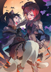  2girls absurdres bare_shoulders bell black_hair black_hat black_kimono black_socks cat_tail commentary_request costume_request fang frilled_thighhighs frills full_body hat highres holding_lamp inazuma_(elect_line) japanese_clothes kimono love_live! love_live!_school_idol_project medium_hair multiple_girls multiple_tails neck_bell nekomata nishikino_maki open_mouth over-kneehighs red_eyes red_hair skin_fang socks tail thigh-highs tilted_headwear twintails two_tails violet_eyes white_thighhighs yazawa_nico 