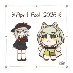  2girls animal_ears april_fools arknights black_hat blue_eyes blush cat_ears cat_girl chibi faust_(project_moon) green_eyes hat highres kal'tsit_(arknights) kindergarten_uniform lab_coat limbus_company limbus_kindergarten_uniform multiple_girls note_man_1 project_moon white_hair 