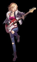  1girl absurdres black_background black_gloves blonde_hair boots buried_stars character_request check_copyright closed_eyes commentary copyright_request crop_top denim electric_guitar fingerless_gloves full_body fur-trimmed_jacket fur_trim gloves guitar highres holding holding_instrument instrument jacket jeans lace-up_boots midriff mika_030 music open_clothes open_jacket open_mouth pants playing_instrument plectrum simple_background solo standing torn_clothes torn_jeans torn_pants 