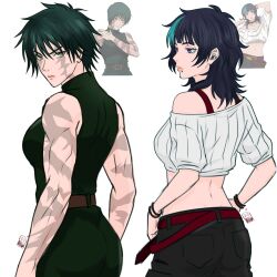  1girl aqua_streaks black_hair breasts burn_scar chin_piercing chococurrent commentary cowboy_shot english_commentary face_piercing from_behind green_eyes green_hair green_pants green_shirt highres hoshi_kirara jujutsu_kaisen medium_breasts medium_hair multicolored_hair multiple_scars muscular muscular_female pants piercing reference_inset scar scar_on_arm scar_on_face scar_on_shoulder scars_all_over shirt sleeveless sleeveless_shirt streaked_hair violet_eyes wolf_cut zen'in_maki zen'in_maki_(post_shibuya) 