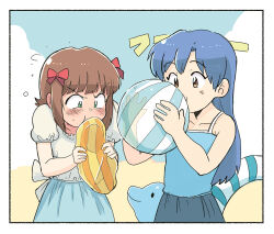  2girls amami_haruka ball beach beachball blue_camisole blue_hair border bow brown_eyes brown_hair camisole commentary_request day green_eyes hair_bow holding holding_ball holding_beachball idolmaster idolmaster_(classic) inflating kisaragi_chihaya long_hair multiple_girls multiple_hair_bows outdoors red_bow shirt short_hair tsubobot v-shaped_eyebrows white_border white_shirt 