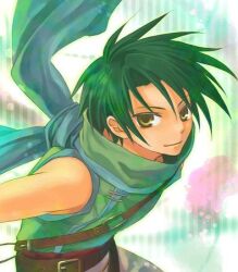  1boy belt closed_mouth commentary_request fire_emblem fire_emblem:_path_of_radiance green_hair kiyuu looking_at_viewer lowres male_focus short_hair sleeveless solo sothe_(fire_emblem) yellow_eyes 