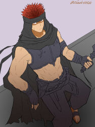  1boy abs absurdres closed_mouth commentary_request crop_top fingerless_gloves fire_emblem fire_emblem:_the_blazing_blade from_above gloves highres holding holding_weapon jaffar_(fire_emblem) looking_at_viewer male_focus red_eyes red_hair sandals scar scar_on_face showk555dx solo toned toned_male twitter_username weapon 